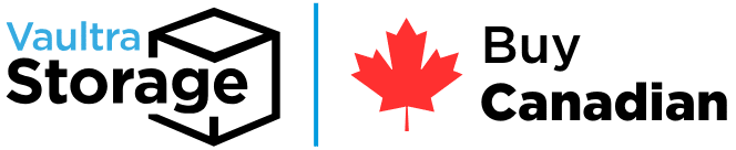 Vaultra Storage logo featuring a Canadian flag with the caption 'Proudly Canadian