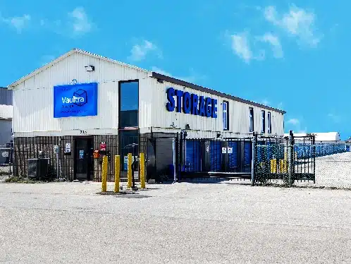 Exterior view of Vaultra Storage Brantford, featuring modern, secure storage facility located at 35 Dalkeith Drive in Brantford
