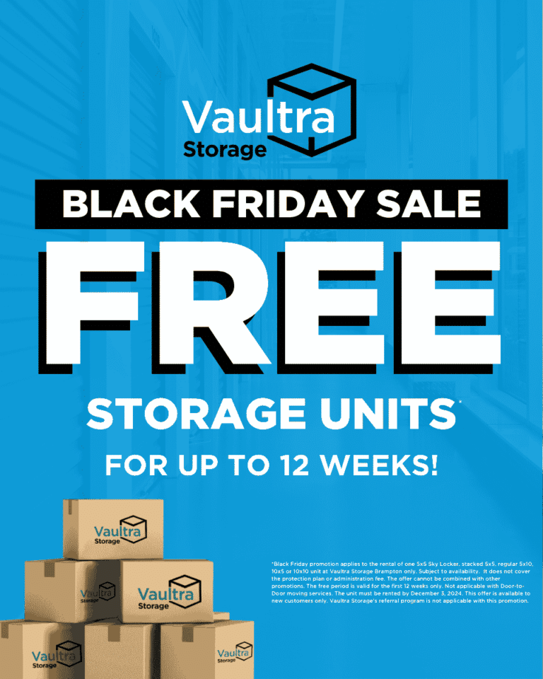 Promotional graphic for Vaultra Storage Brampton's Black Friday deal, highlighting limited-time discounts on storage units with bold text, vibrant colors, and a modern design