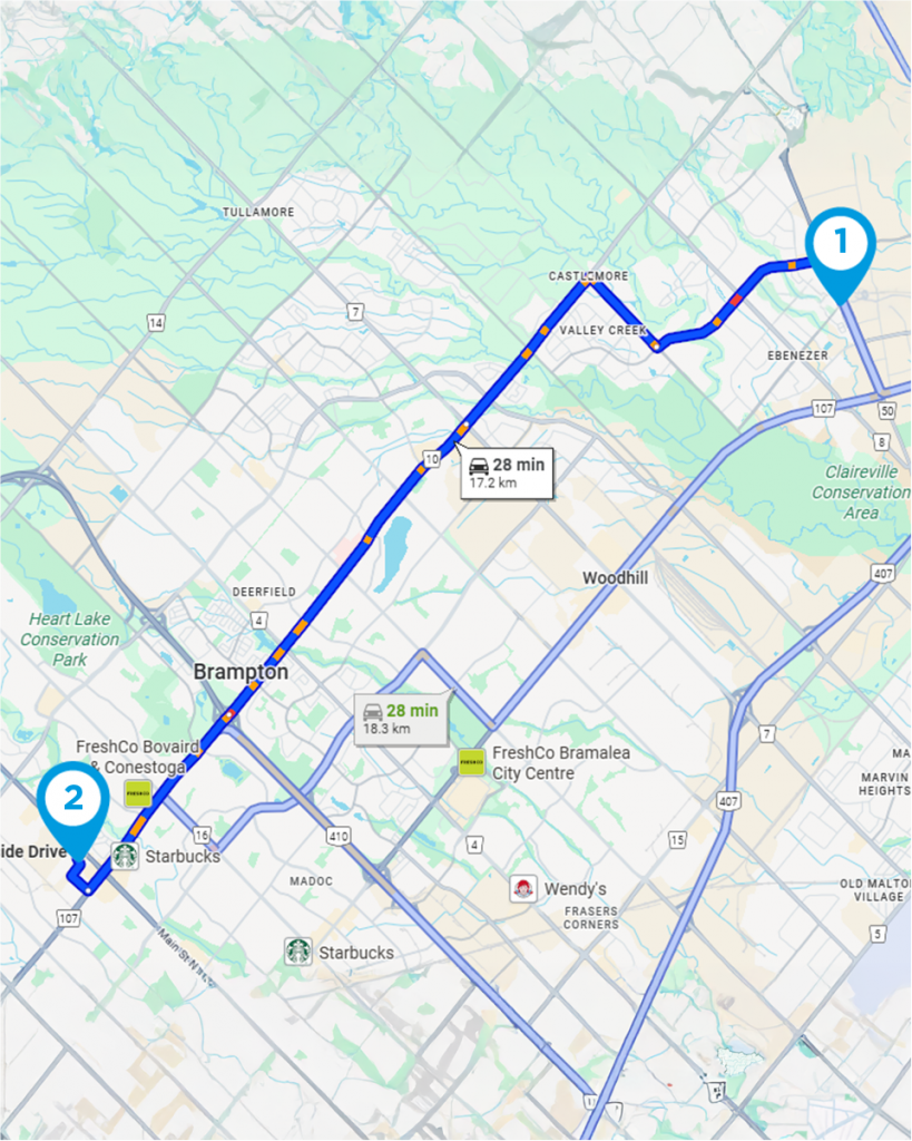 Map of the distance between Vaultra Storage Brampton & Vaultra Storage Vaughan - Brampton (Hwy 50)
