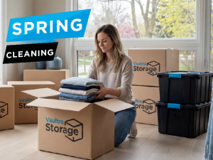 Person packing boxes at home with Vaultra Storage boxes during spring cleaning