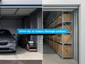 Drive-up storage unit with car and equipment on the left, indoor storage locker with shelved boxes on the right, at Vaultra Storage Vaughan Highway 50