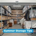 Organised Vaultra storage unit with labelled boxes on metal shelving, winter coats on a clothing rack, and covered furniture