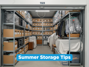 Organised Vaultra storage unit with labelled boxes on metal shelving, winter coats on a clothing rack, and covered furniture