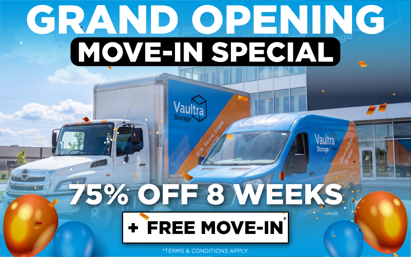 Get 75% off 8 weeks + a free move in when you reserve a unit at Vaultra Storage Humber & Runnymede