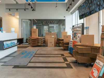 Bright and welcoming lobby of our Brampton self-storage facility, featuring modern design and comfortable seating, creating a pleasant environment for customers inquiring about storage solutions.